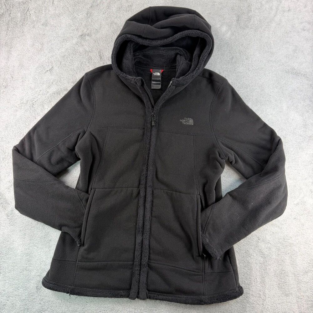 The North Face Women's L Black Hooded Fleece Jacket Full Zip Sherpa Trim
